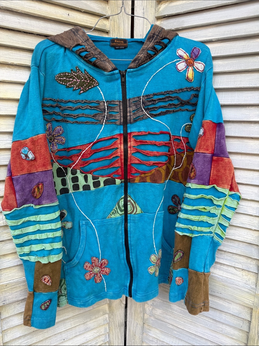 Rising International Turquoise Patchwork Zip Hoodie Jacket